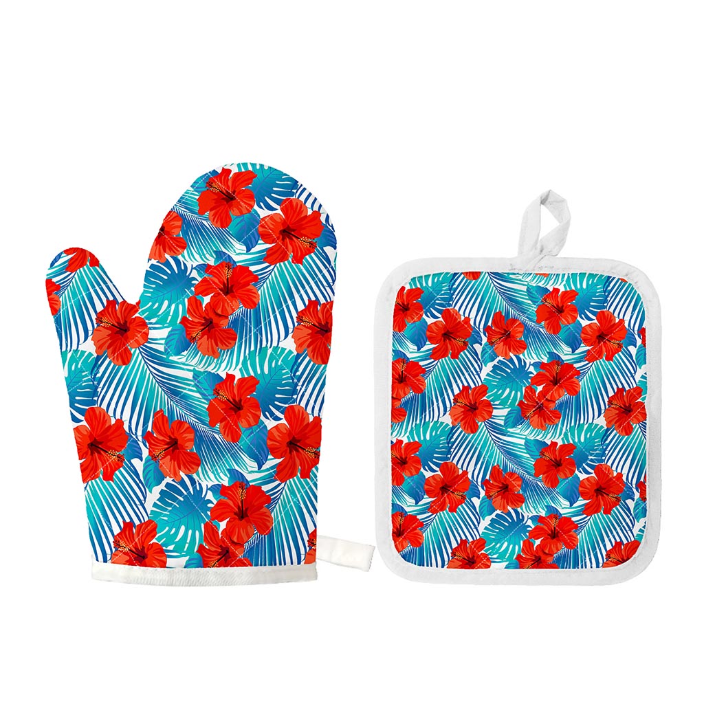Blue Tropical Hibiscus Pattern Print Oven Mitt And Pot Holder Set