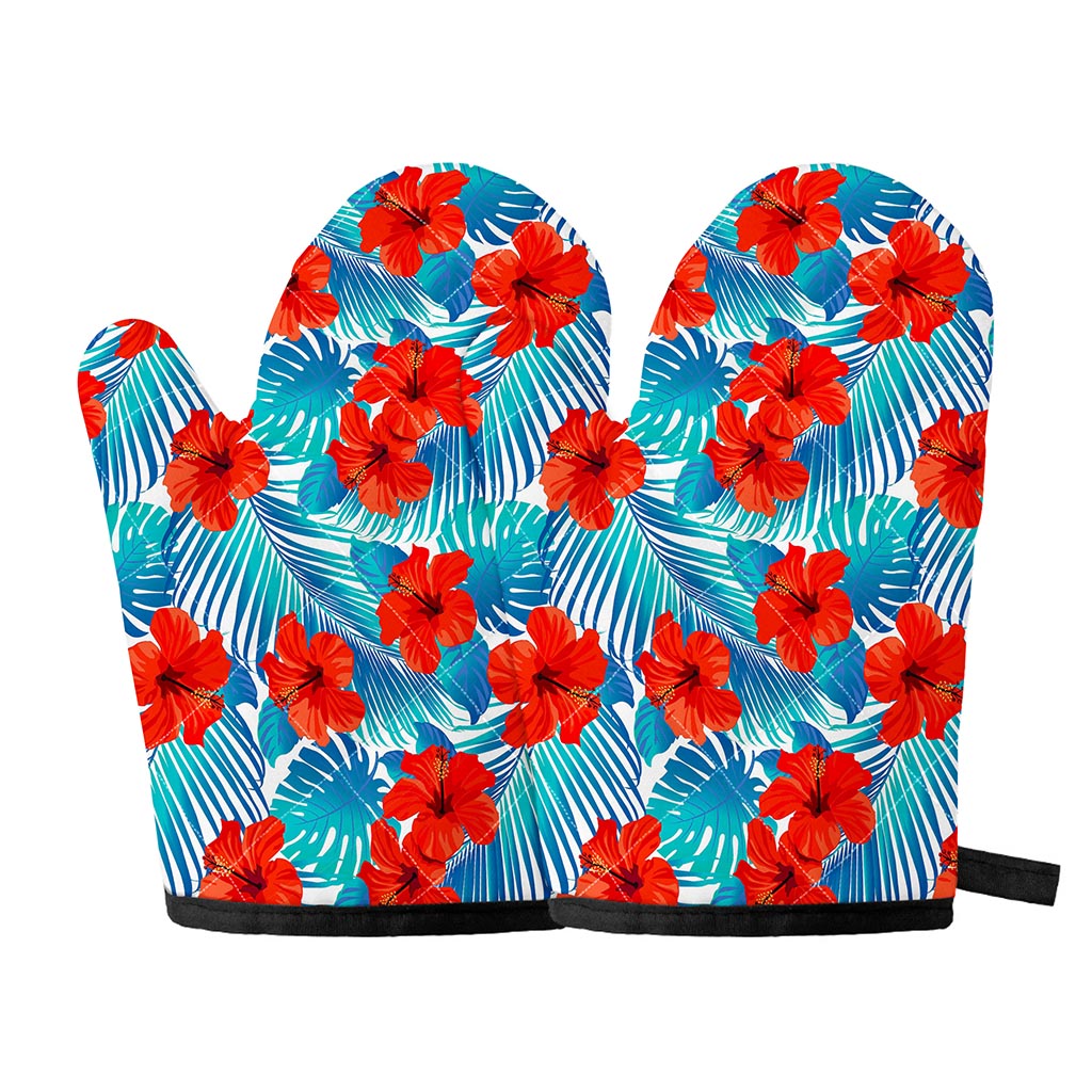 Blue Tropical Hibiscus Pattern Print Oven Mitts