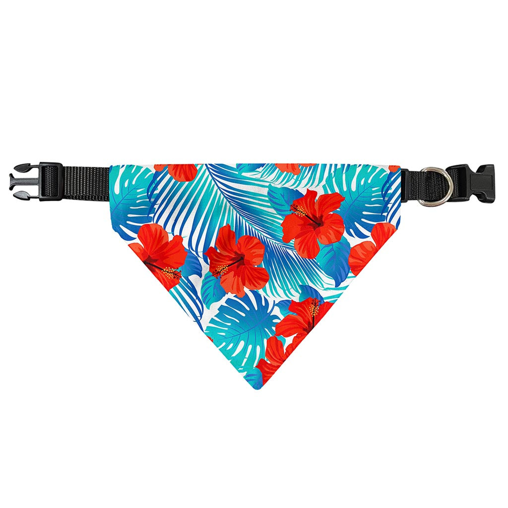 Blue Tropical Hibiscus Pattern Print Over The Collar Dog Bandana
