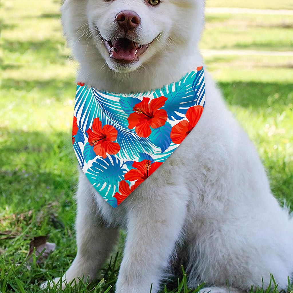 Blue Tropical Hibiscus Pattern Print Over The Collar Dog Bandana