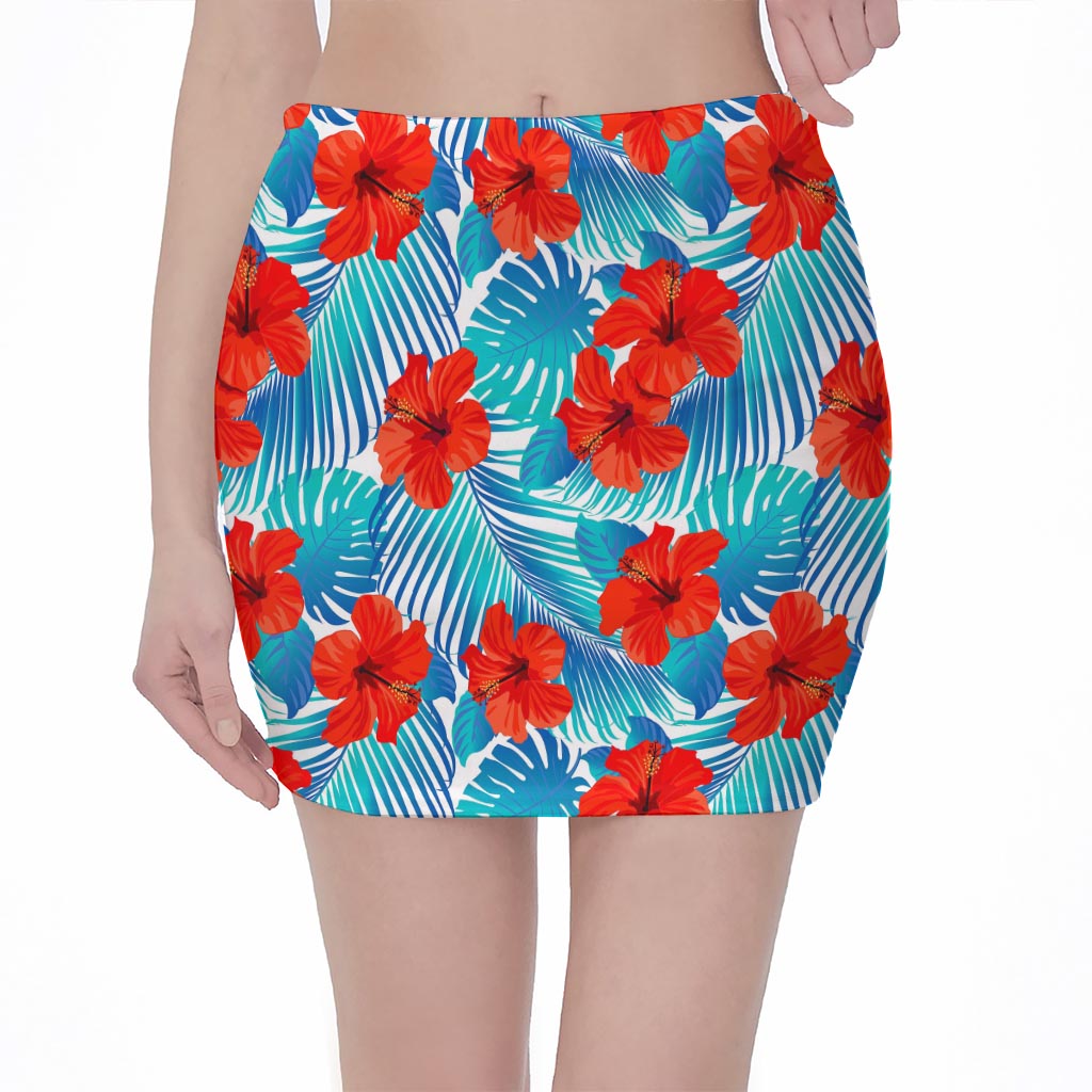 Blue Tropical Hibiscus Pattern Print Pencil Mini Skirt