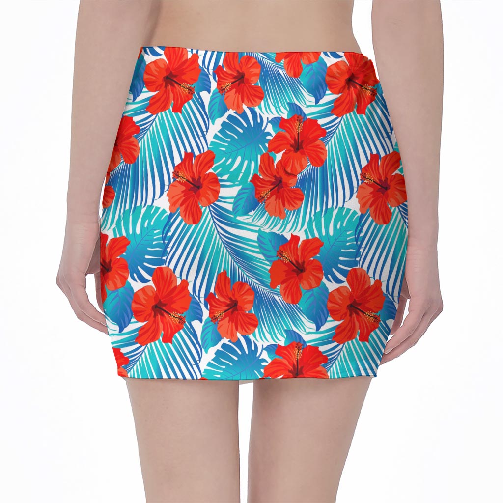 Blue Tropical Hibiscus Pattern Print Pencil Mini Skirt