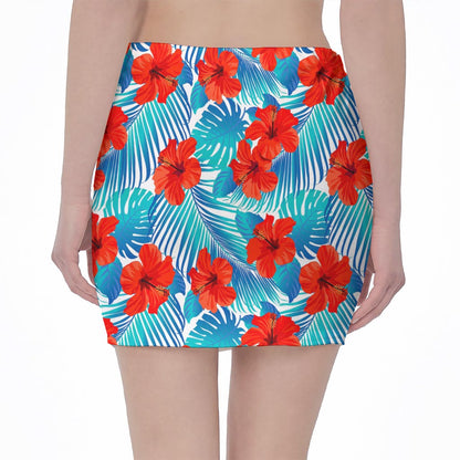 Blue Tropical Hibiscus Pattern Print Pencil Mini Skirt