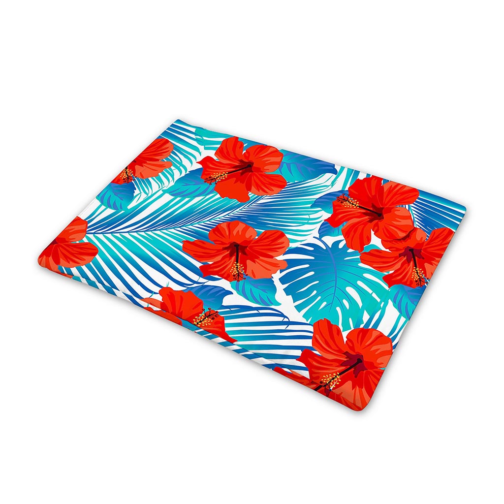 Blue Tropical Hibiscus Pattern Print Pet Cooling Mat Cover