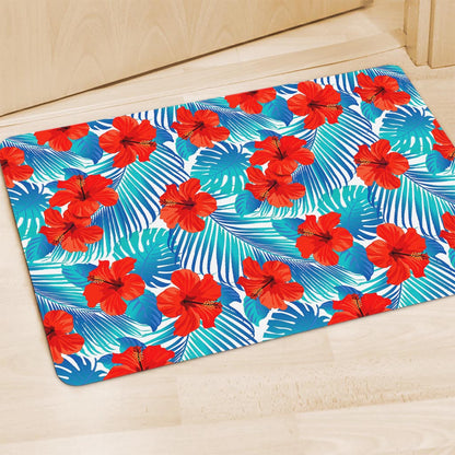 Blue Tropical Hibiscus Pattern Print Polyester Doormat