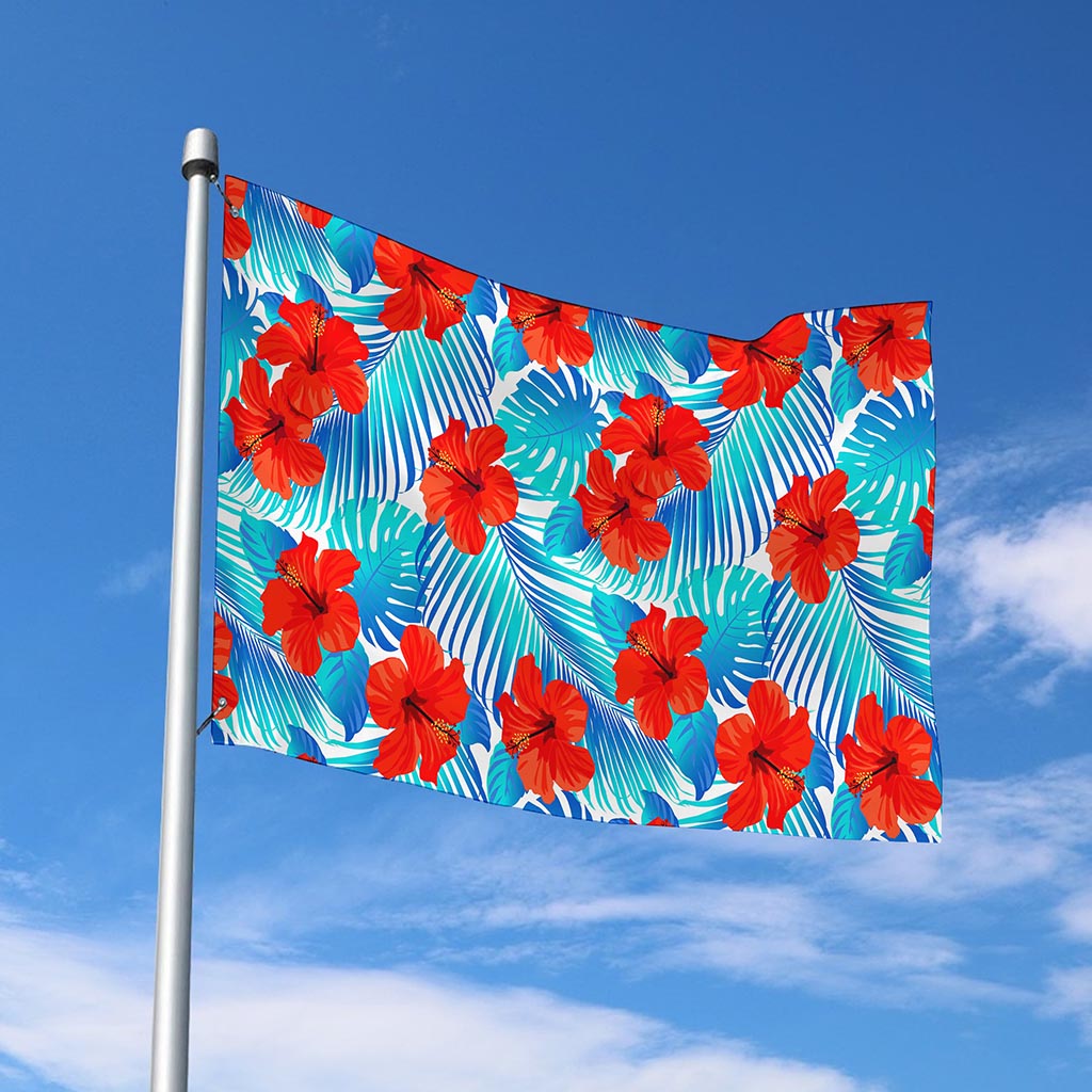 Blue Tropical Hibiscus Pattern Print Polyester Flag