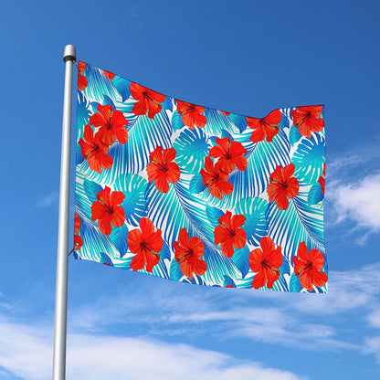 Blue Tropical Hibiscus Pattern Print Polyester Flag