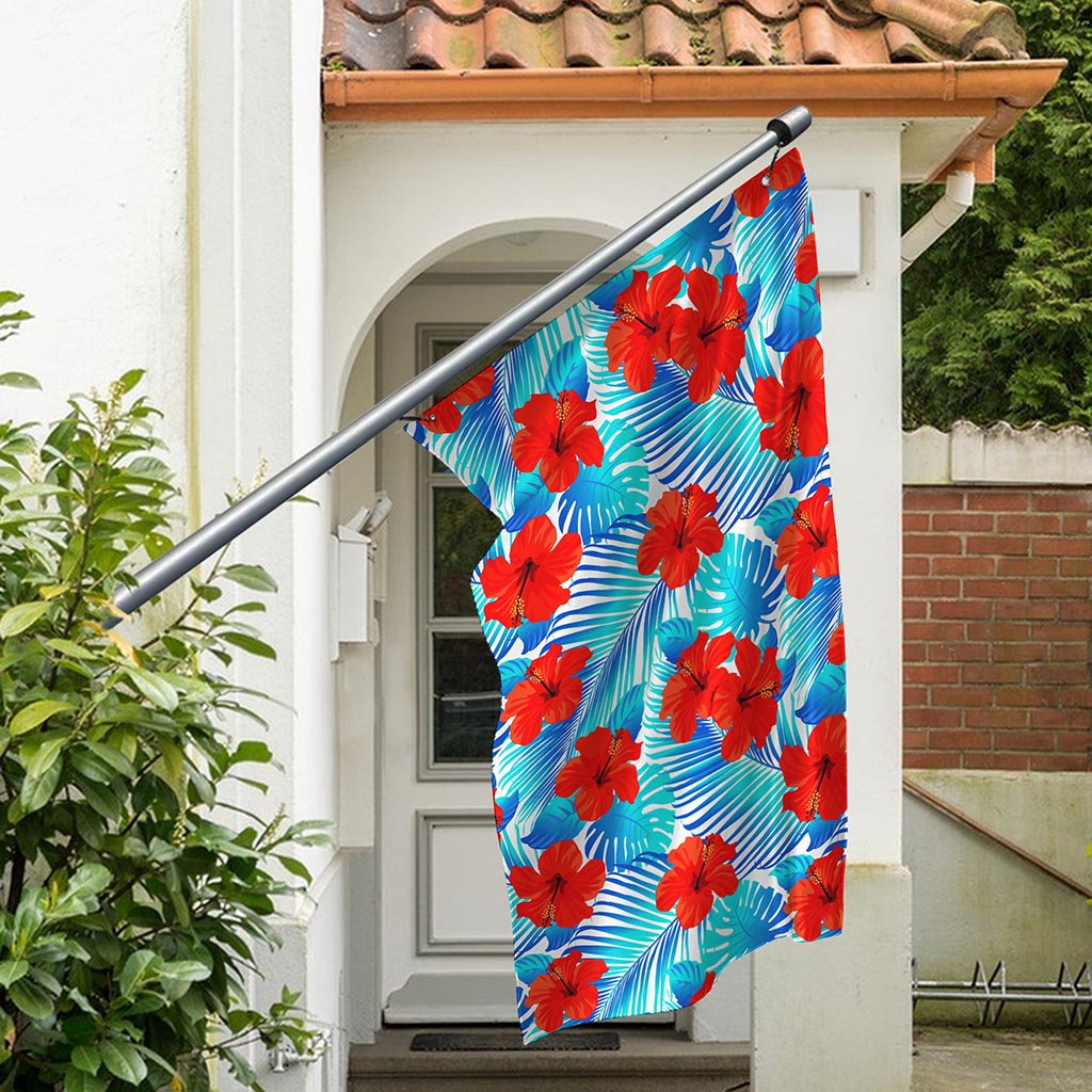Blue Tropical Hibiscus Pattern Print Polyester Flag