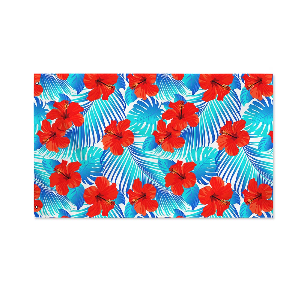 Blue Tropical Hibiscus Pattern Print Polyester Flag