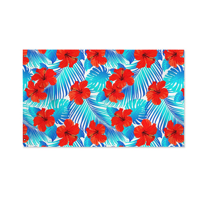Blue Tropical Hibiscus Pattern Print Polyester Flag