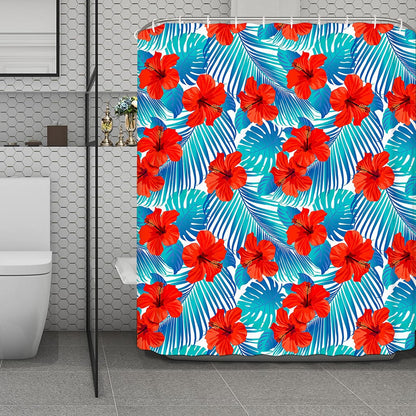 Blue Tropical Hibiscus Pattern Print Polyester Shower Curtain