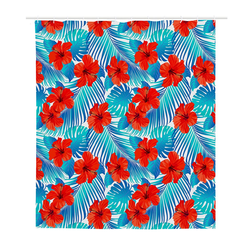 Blue Tropical Hibiscus Pattern Print Polyester Shower Curtain