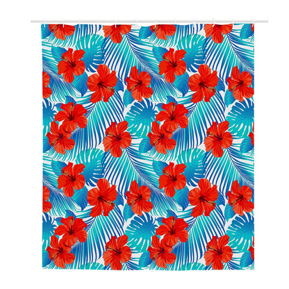 Blue Tropical Hibiscus Pattern Print Polyester Shower Curtain