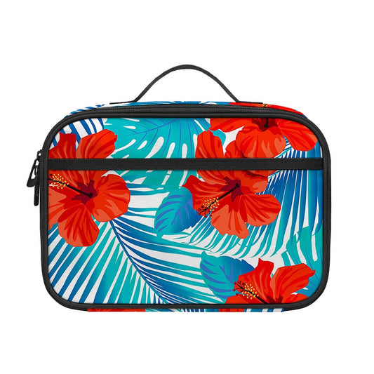 Blue Tropical Hibiscus Pattern Print Portable Lunch Bag