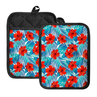 Blue Tropical Hibiscus Pattern Print Pot Holders With Pocket
