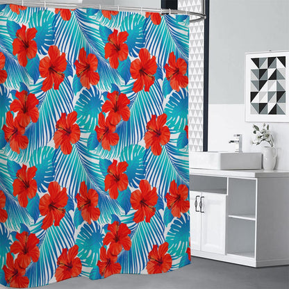 Blue Tropical Hibiscus Pattern Print Premium Shower Curtain