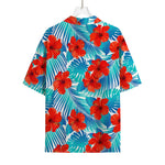 Blue Tropical Hibiscus Pattern Print Rayon Hawaiian Shirt