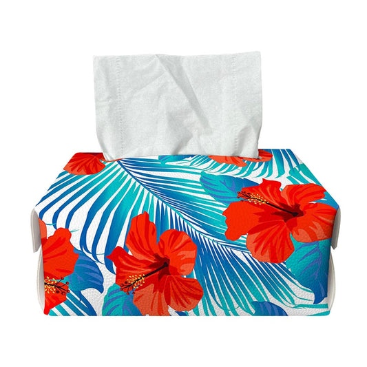 Blue Tropical Hibiscus Pattern Print Rectangle Tissue Box Cover