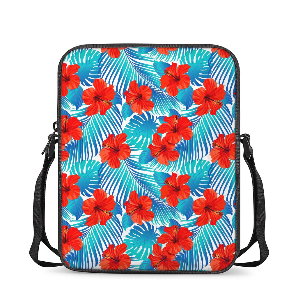 Blue Tropical Hibiscus Pattern Print Rectangular Crossbody Bag