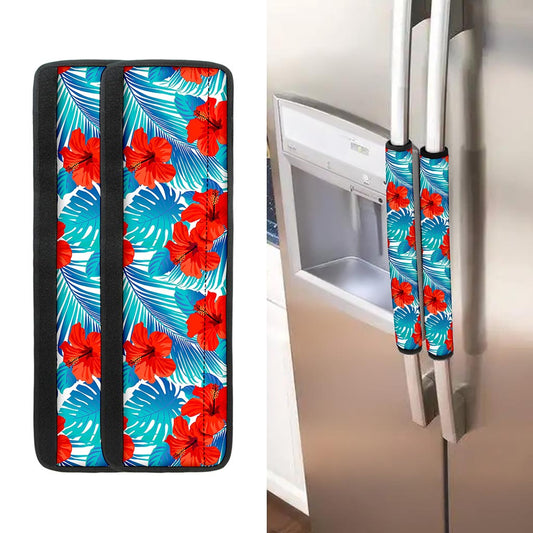 Blue Tropical Hibiscus Pattern Print Refrigerator Handle Covers