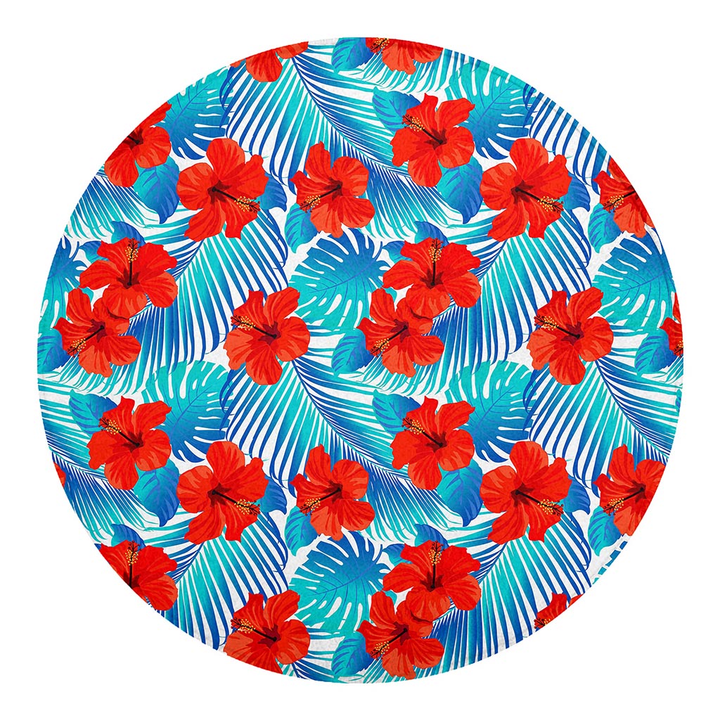 Blue Tropical Hibiscus Pattern Print Round Blanket