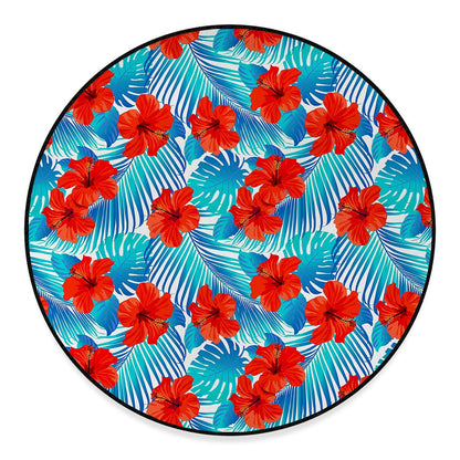 Blue Tropical Hibiscus Pattern Print Round Floor Mat