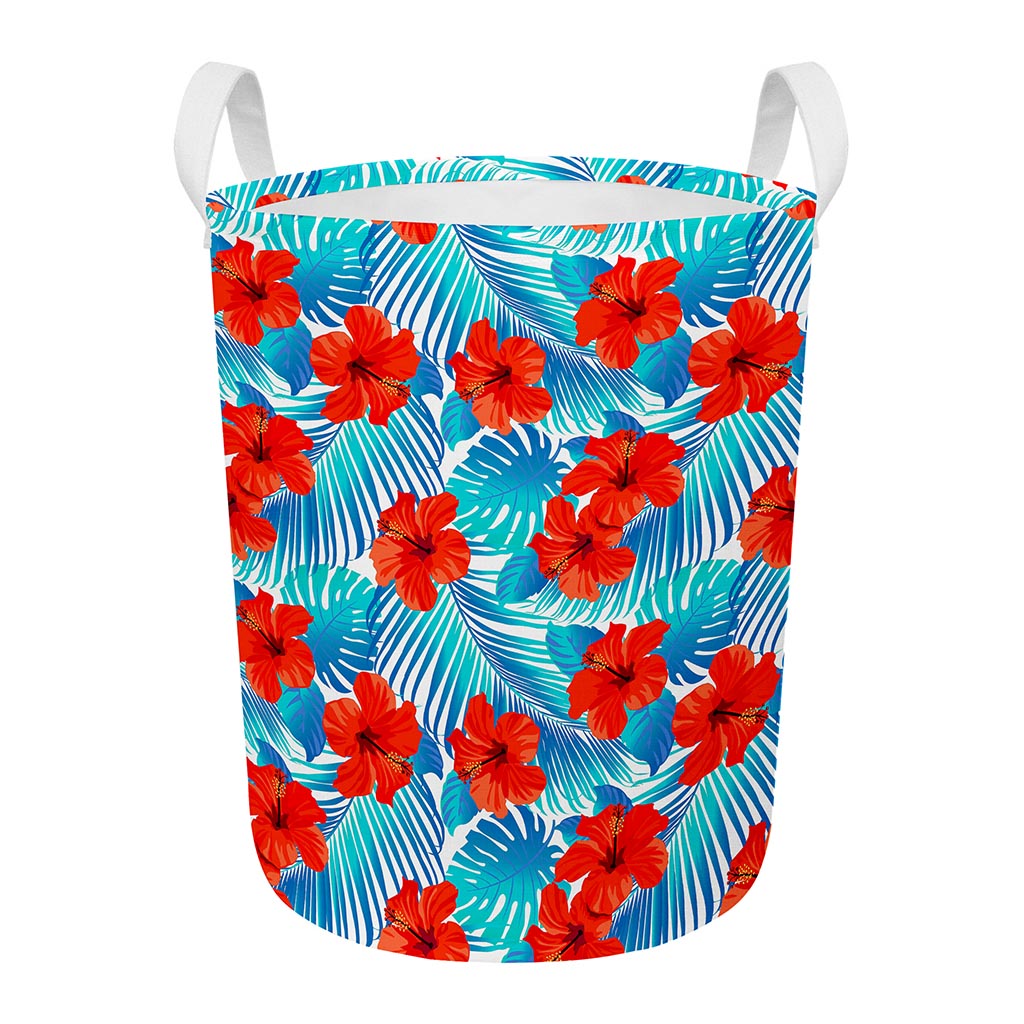 Blue Tropical Hibiscus Pattern Print Round Laundry Basket