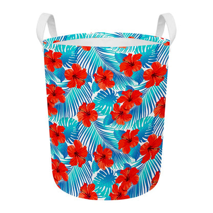 Blue Tropical Hibiscus Pattern Print Round Laundry Basket