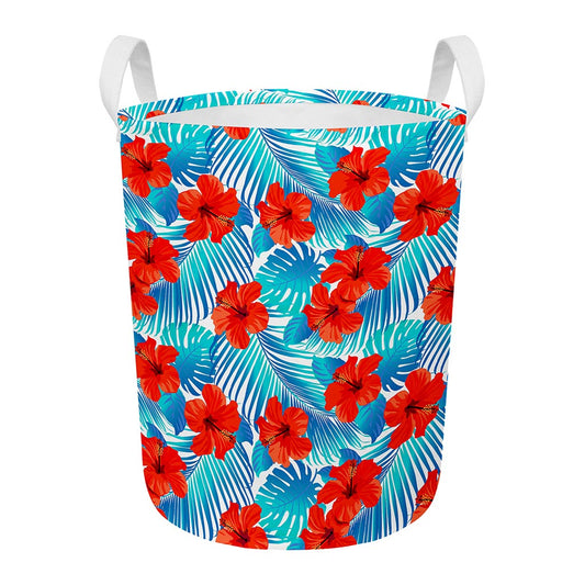 Blue Tropical Hibiscus Pattern Print Round Laundry Basket