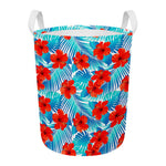 Blue Tropical Hibiscus Pattern Print Round Laundry Basket