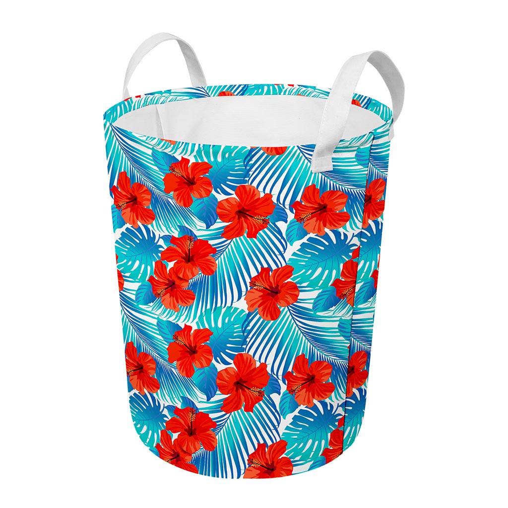 Blue Tropical Hibiscus Pattern Print Round Laundry Basket
