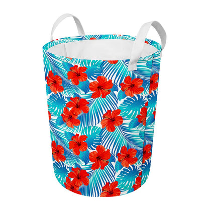 Blue Tropical Hibiscus Pattern Print Round Laundry Basket
