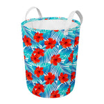 Blue Tropical Hibiscus Pattern Print Round Laundry Basket