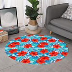 Blue Tropical Hibiscus Pattern Print Round Rug
