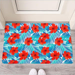 Blue Tropical Hibiscus Pattern Print Rubber Doormat