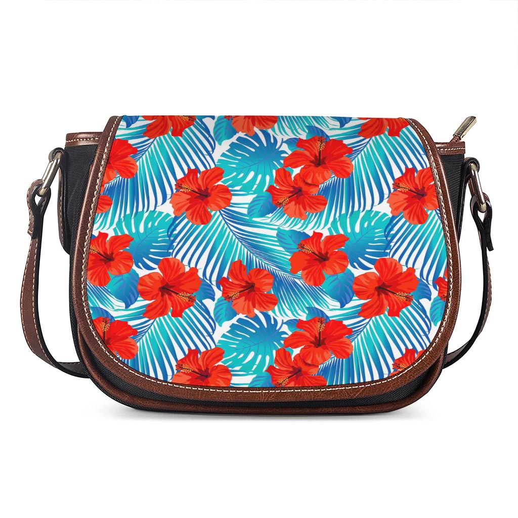 Blue Tropical Hibiscus Pattern Print Saddle Bag