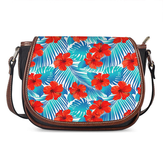 Blue Tropical Hibiscus Pattern Print Saddle Bag