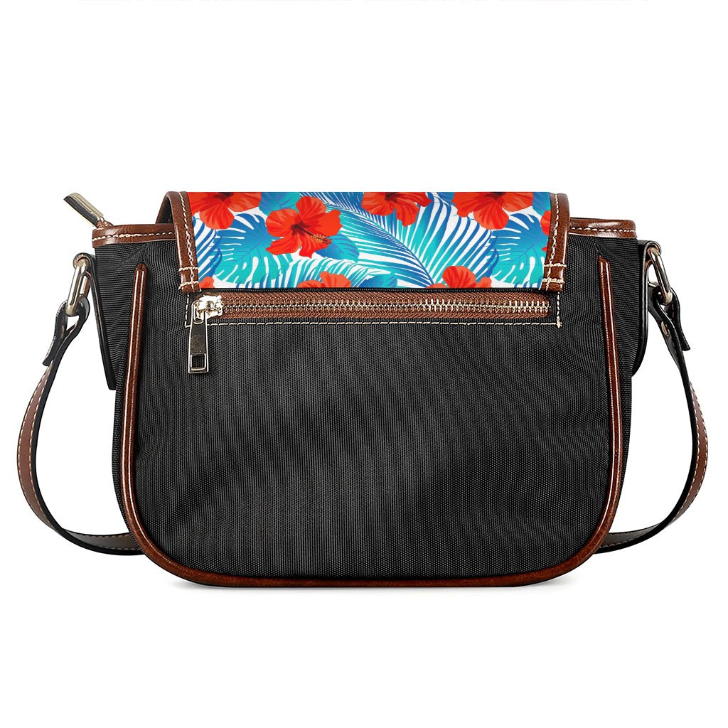 Blue Tropical Hibiscus Pattern Print Saddle Bag