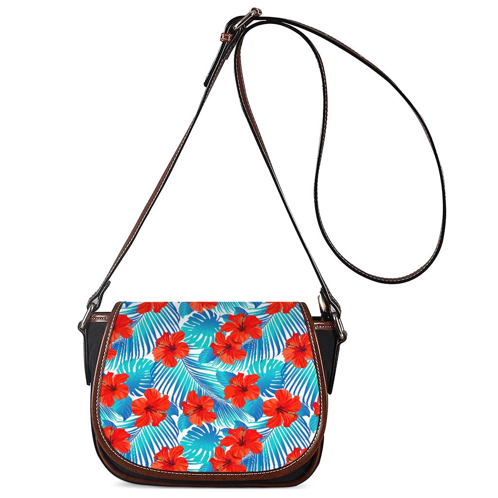 Blue Tropical Hibiscus Pattern Print Saddle Bag