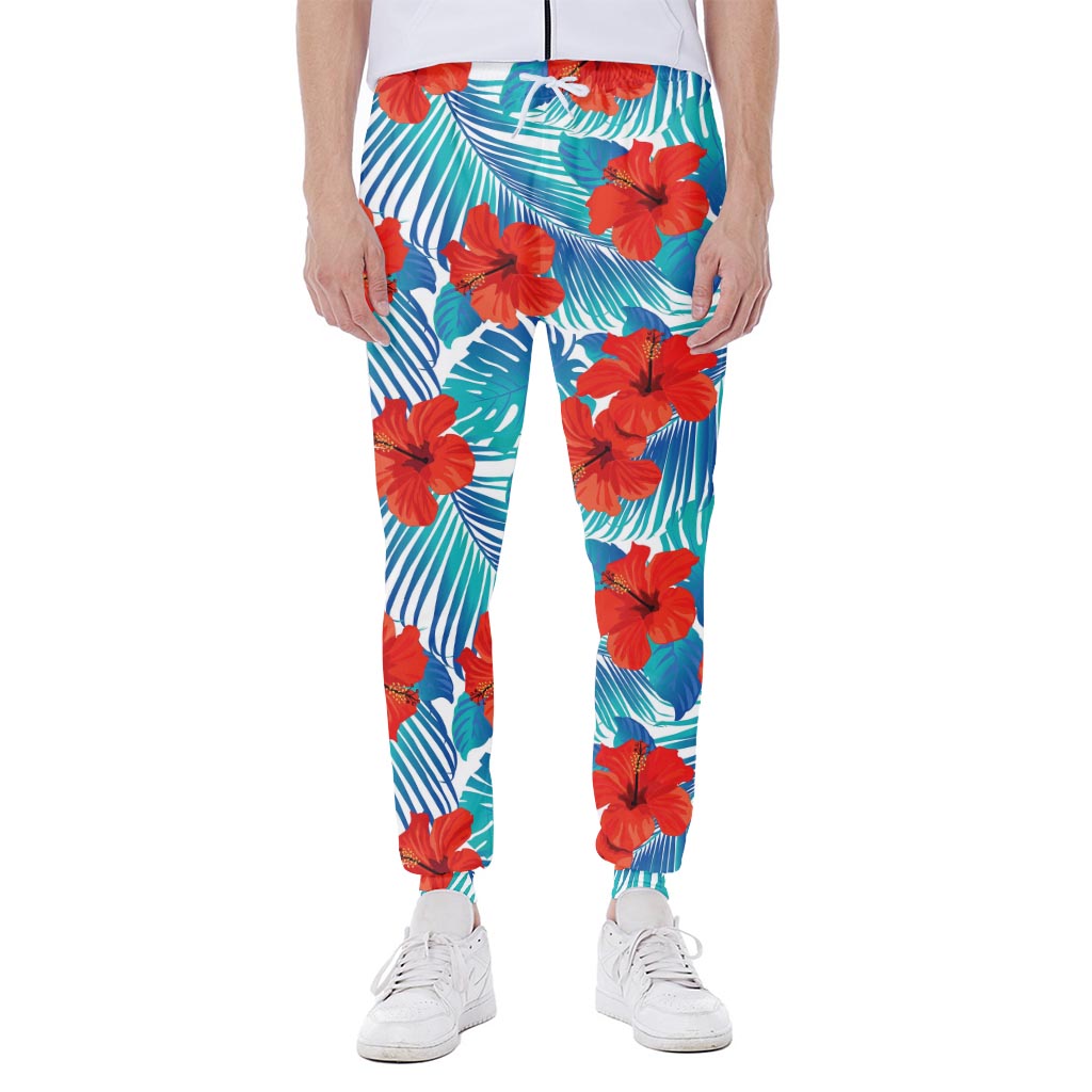 Blue Tropical Hibiscus Pattern Print Scuba Joggers