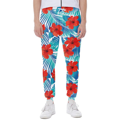 Blue Tropical Hibiscus Pattern Print Scuba Joggers