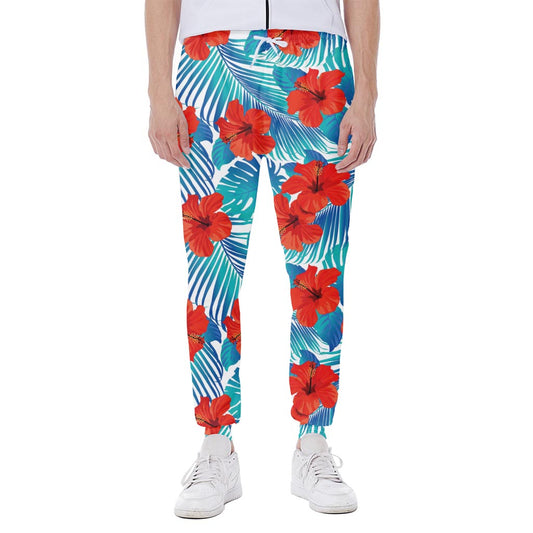 Blue Tropical Hibiscus Pattern Print Scuba Joggers