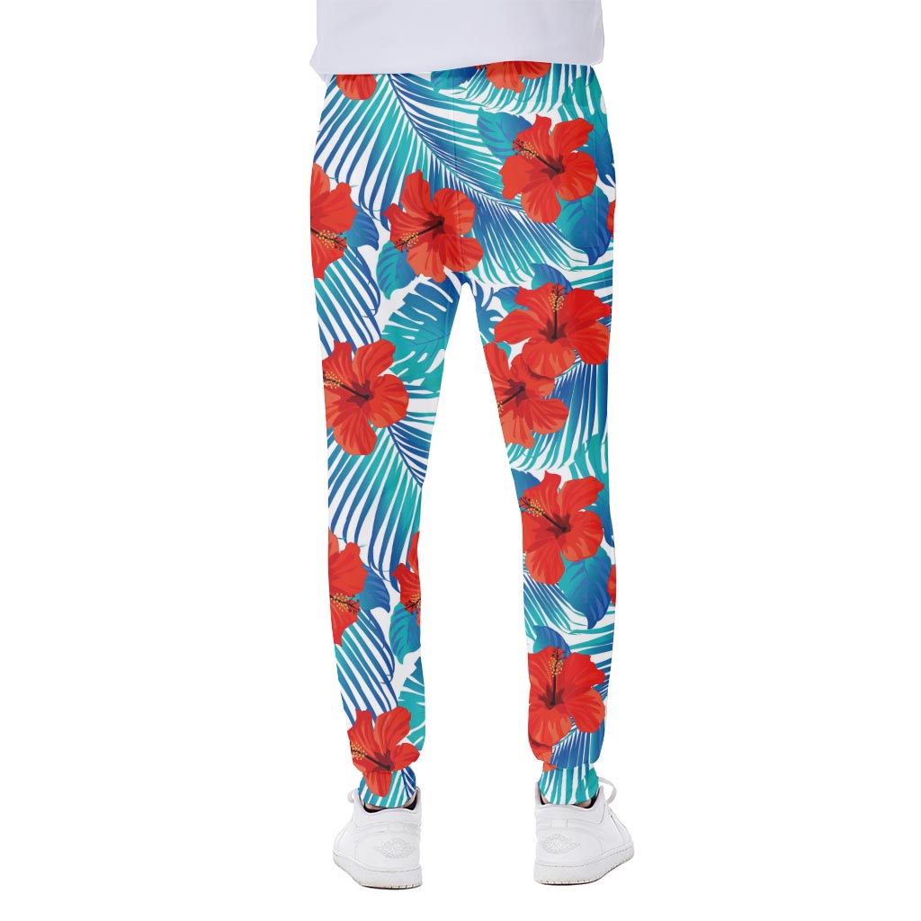 Blue Tropical Hibiscus Pattern Print Scuba Joggers