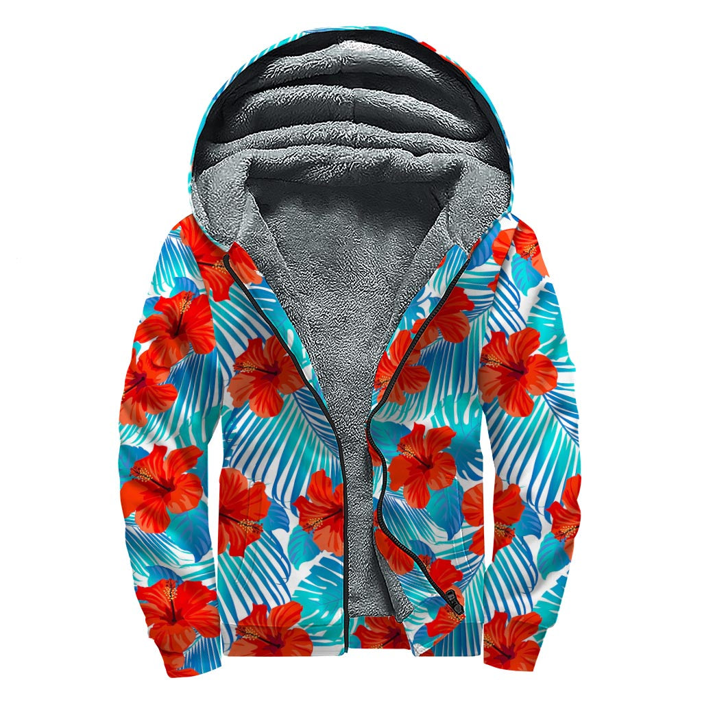 Blue Tropical Hibiscus Pattern Print Sherpa Lined Zip Up Hoodie