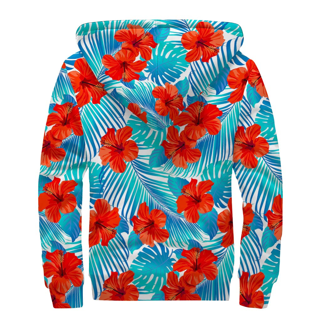 Blue Tropical Hibiscus Pattern Print Sherpa Lined Zip Up Hoodie