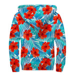 Blue Tropical Hibiscus Pattern Print Sherpa Lined Zip Up Hoodie