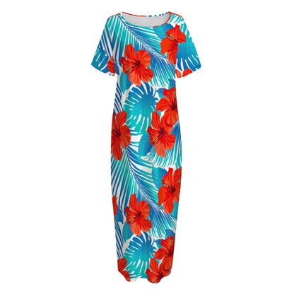 Blue Tropical Hibiscus Pattern Print Short Sleeve Long Nightdress