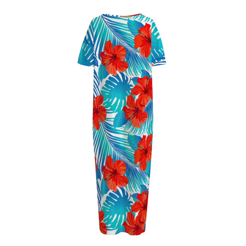 Blue Tropical Hibiscus Pattern Print Short Sleeve Long Nightdress