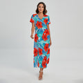Blue Tropical Hibiscus Pattern Print Short Sleeve Maxi Dress