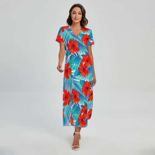 Blue Tropical Hibiscus Pattern Print Short Sleeve Maxi Dress